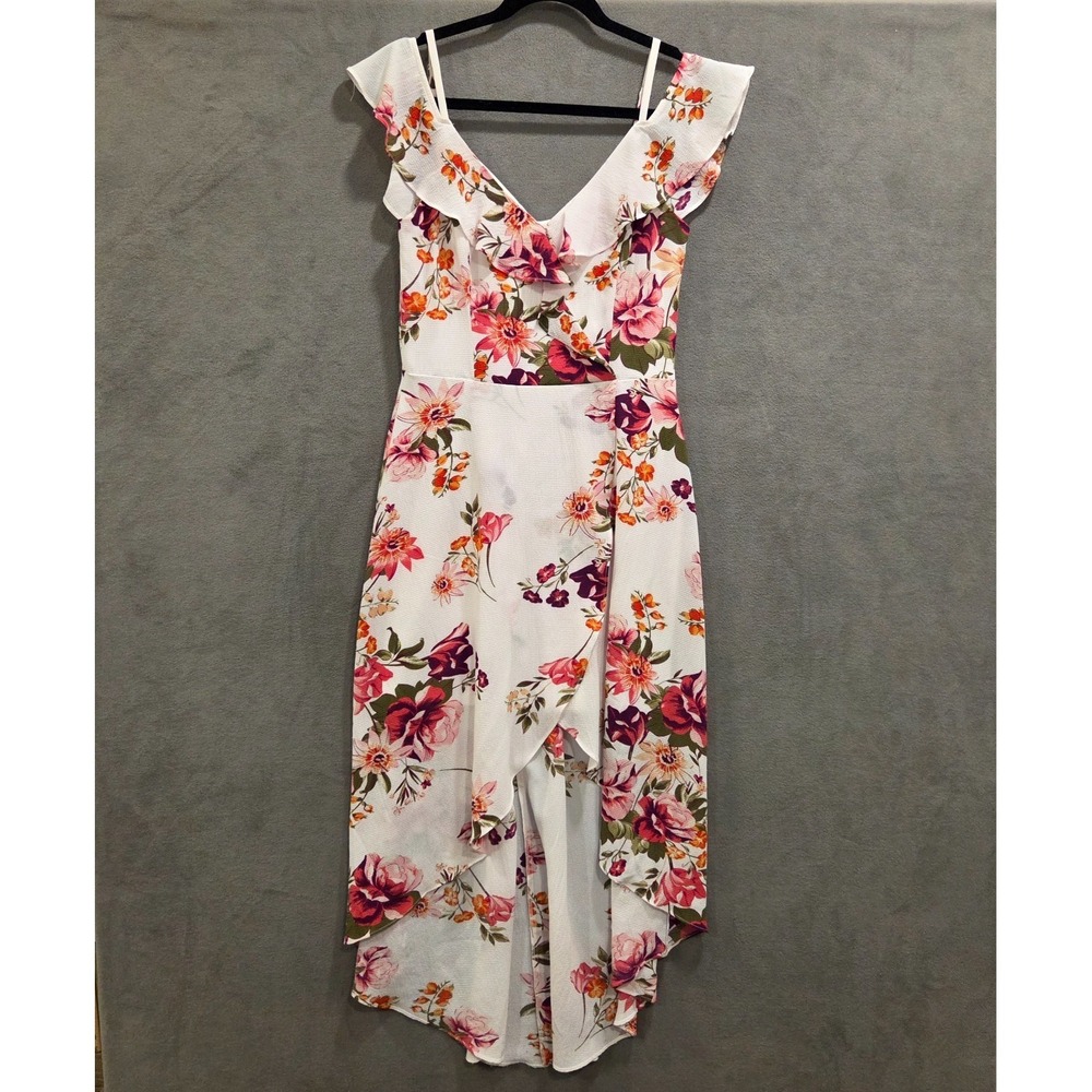 Floral Faux Wrap Hi Low Hem  Maxi Dress Women's No Size Tag Flowy Ruffe Coquette